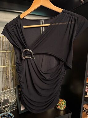 Anthropologie Goth Black Mesh Cap-Sleeve Top with Decorative Buckle 🖤🍂